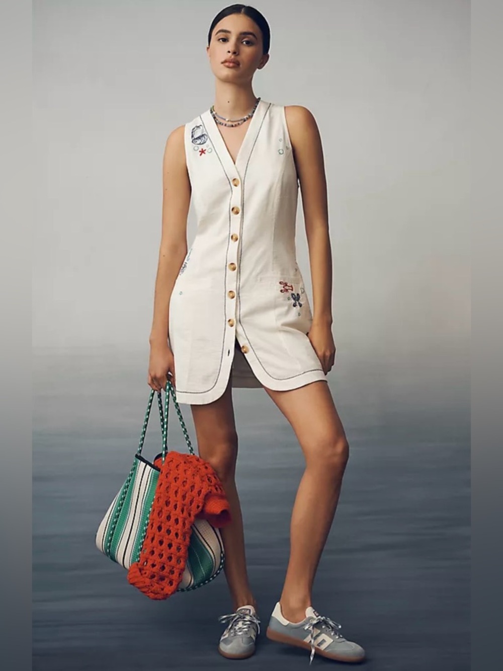 Anthropologie Pilcro Sleeveless Linen-Blend V-Neck Button-Front Mini Dress Small